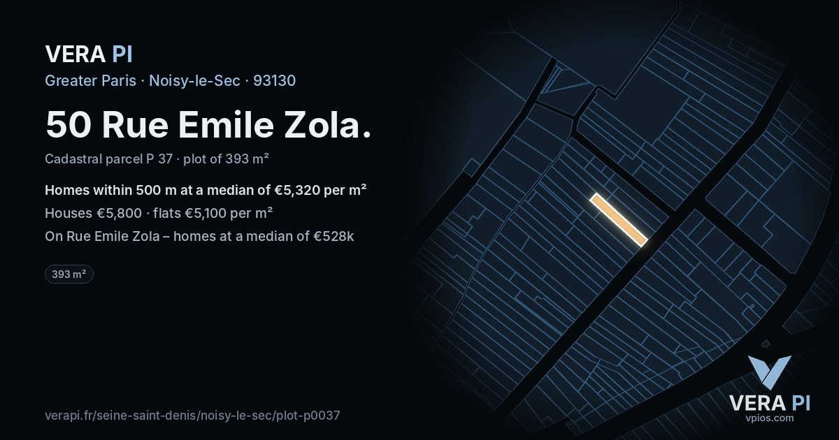 50 Rue Emile Zola, Noisy-le-Sec at night – the plot lit, the parcels around coloured by the prices near them
