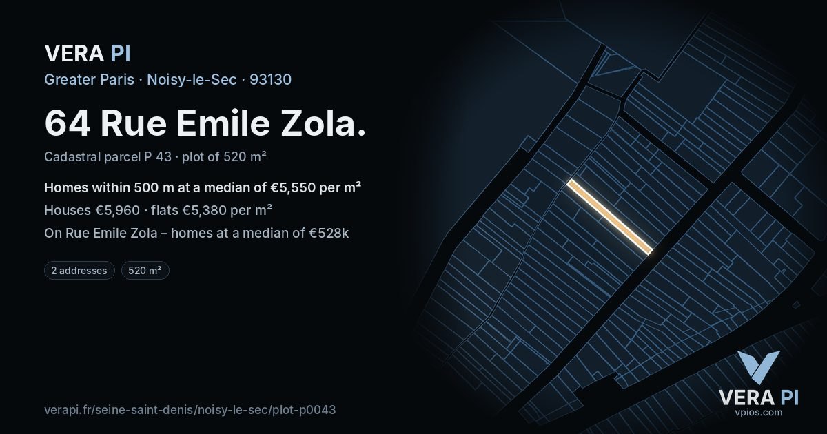 64 Rue Emile Zola, Noisy-le-Sec at night – the plot lit, the parcels around coloured by the prices near them