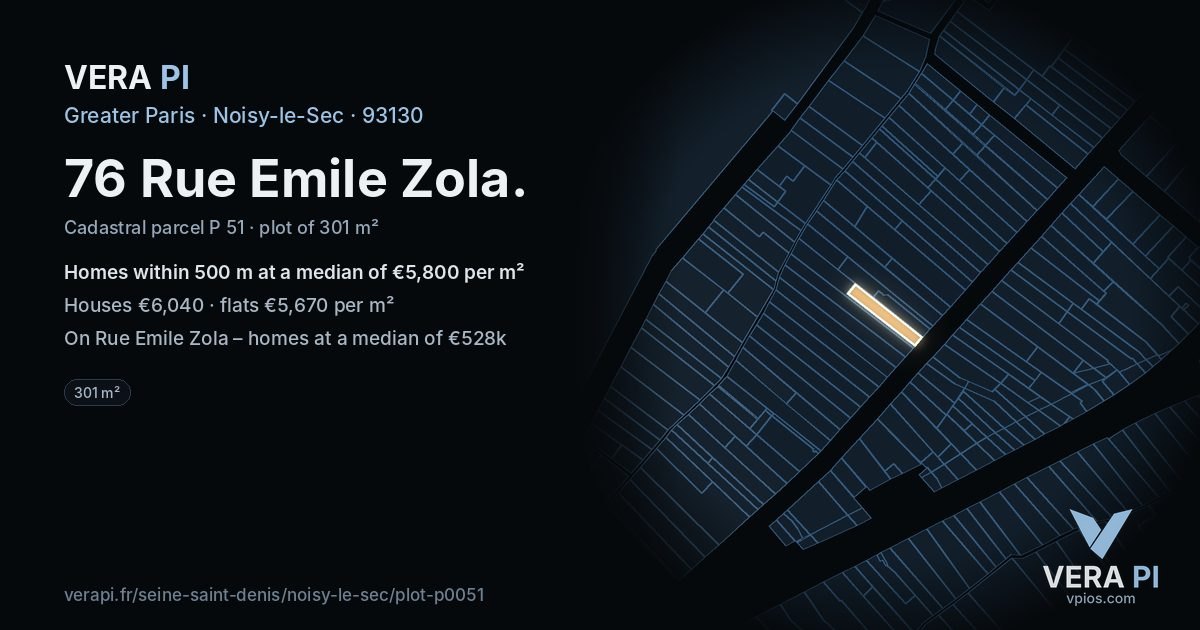 76 Rue Emile Zola, Noisy-le-Sec at night – the plot lit, the parcels around coloured by the prices near them