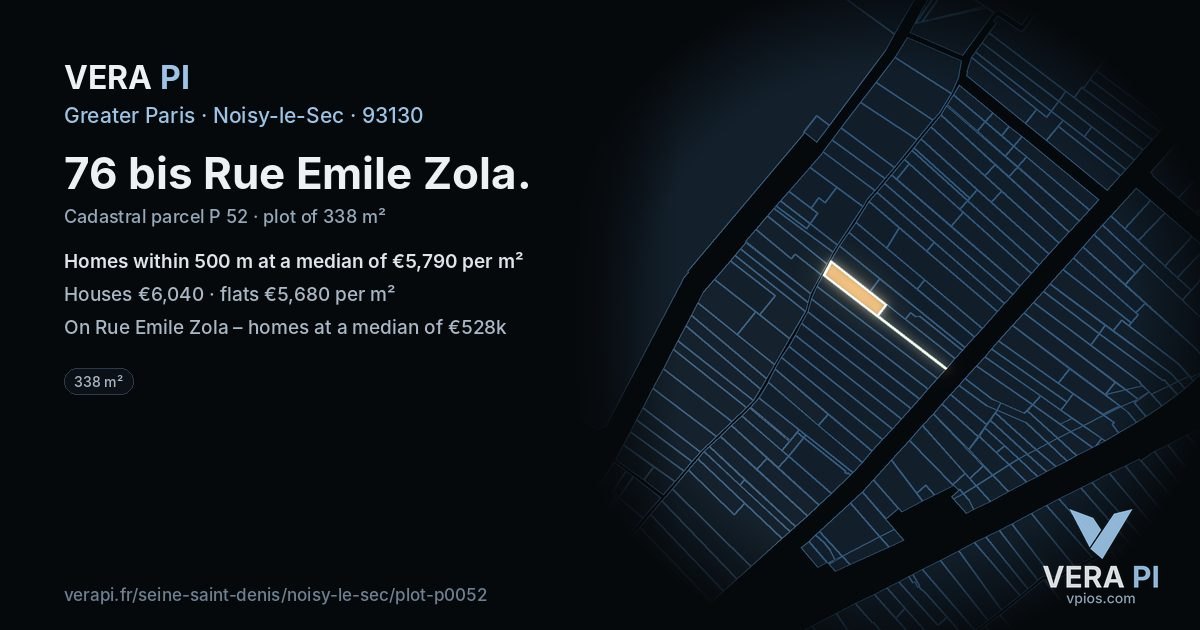 76 bis Rue Emile Zola, Noisy-le-Sec at night – the plot lit, the parcels around coloured by the prices near them