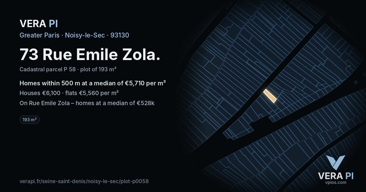 73 Rue Emile Zola, Noisy-le-Sec at night – the plot lit, the parcels around coloured by the prices near them