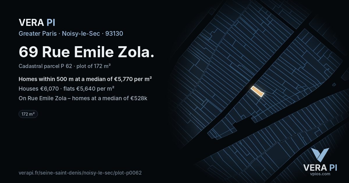 69 Rue Emile Zola, Noisy-le-Sec at night – the plot lit, the parcels around coloured by the prices near them