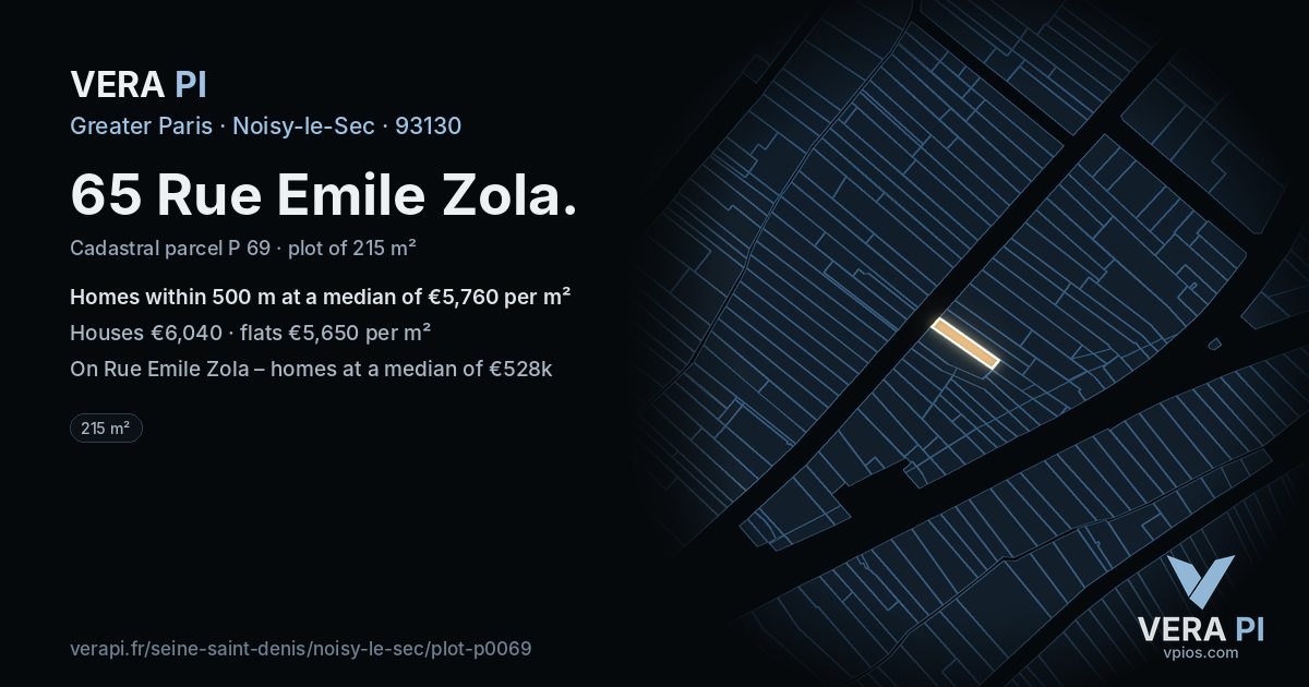 65 Rue Emile Zola, Noisy-le-Sec at night – the plot lit, the parcels around coloured by the prices near them