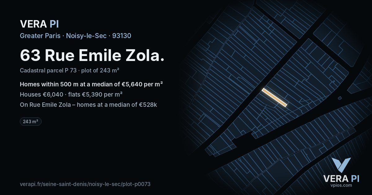 63 Rue Emile Zola, Noisy-le-Sec at night – the plot lit, the parcels around coloured by the prices near them