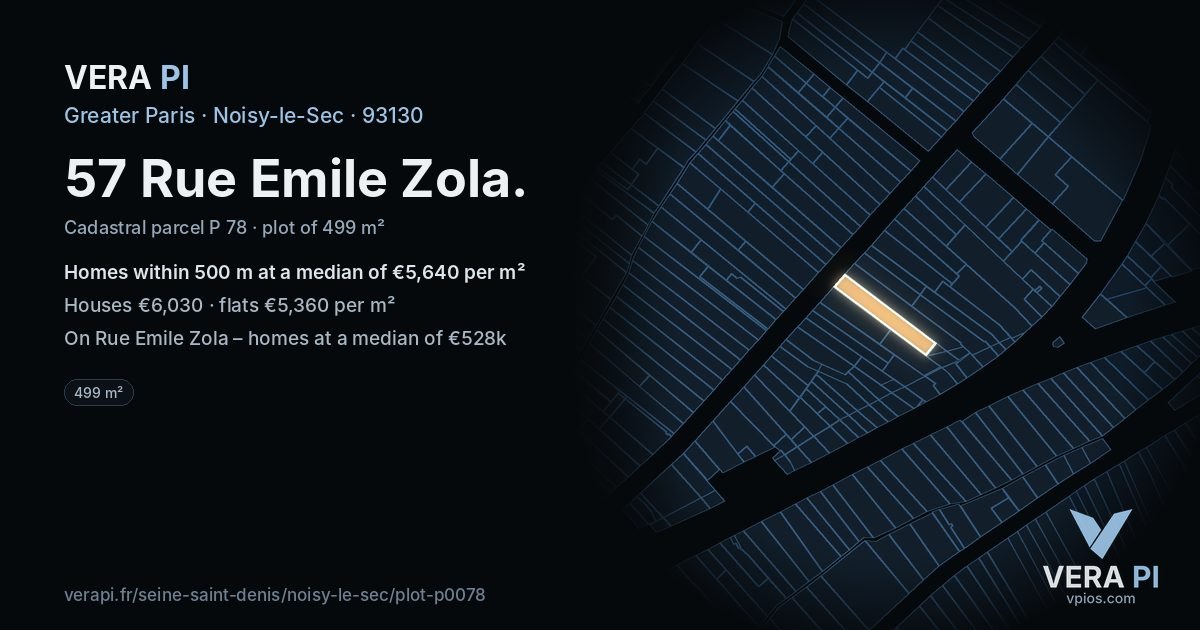 57 Rue Emile Zola, Noisy-le-Sec at night – the plot lit, the parcels around coloured by the prices near them