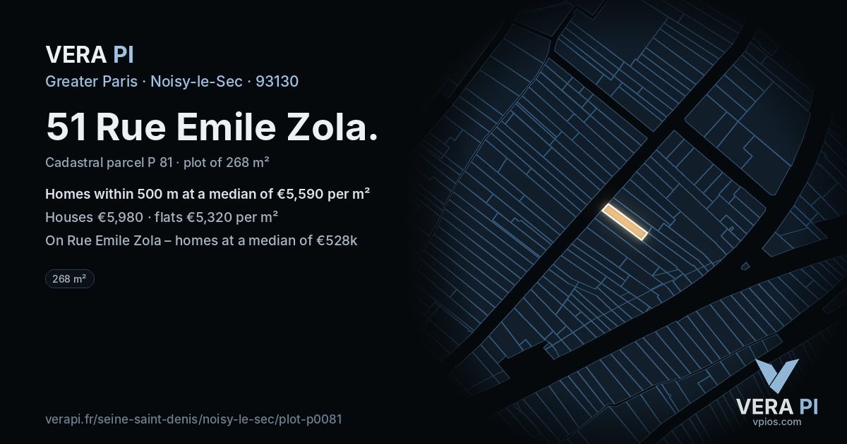 51 Rue Emile Zola, Noisy-le-Sec at night – the plot lit, the parcels around coloured by the prices near them