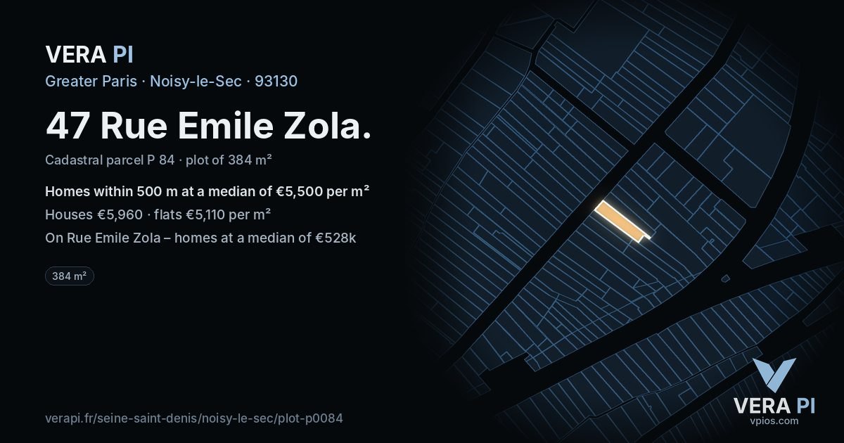47 Rue Emile Zola, Noisy-le-Sec at night – the plot lit, the parcels around coloured by the prices near them