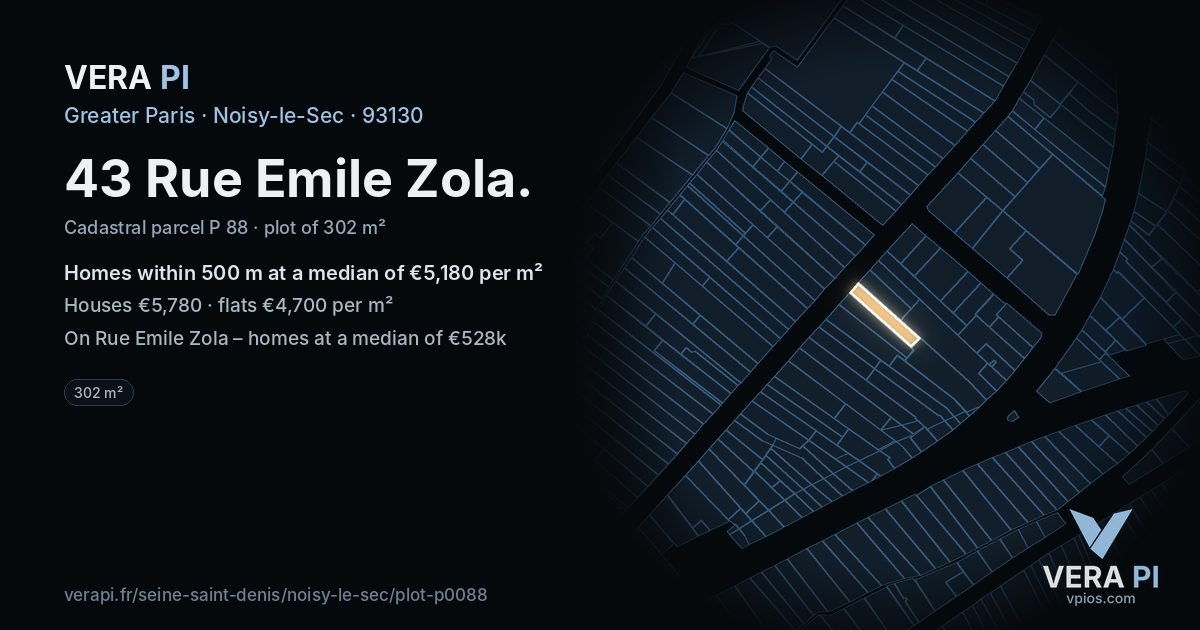 43 Rue Emile Zola, Noisy-le-Sec at night – the plot lit, the parcels around coloured by the prices near them