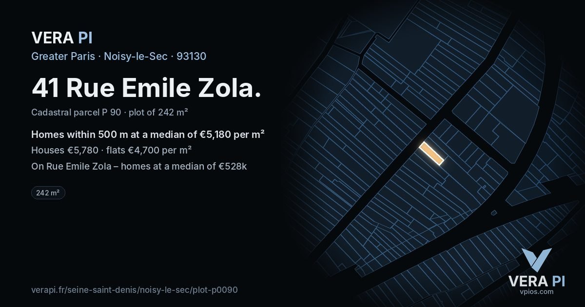 41 Rue Emile Zola, Noisy-le-Sec at night – the plot lit, the parcels around coloured by the prices near them