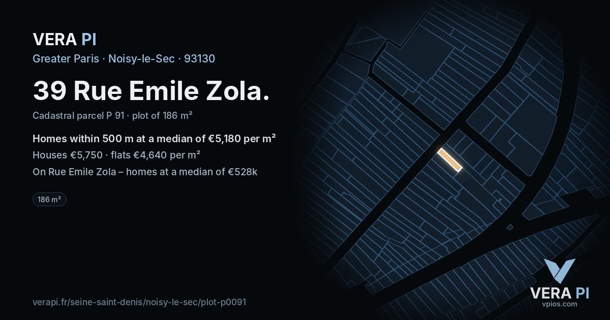 39 Rue Emile Zola, Noisy-le-Sec at night – the plot lit, the parcels around coloured by the prices near them