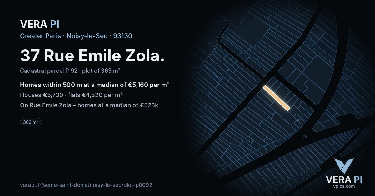 37 Rue Emile Zola, Noisy-le-Sec at night – the plot lit, the parcels around coloured by the prices near them