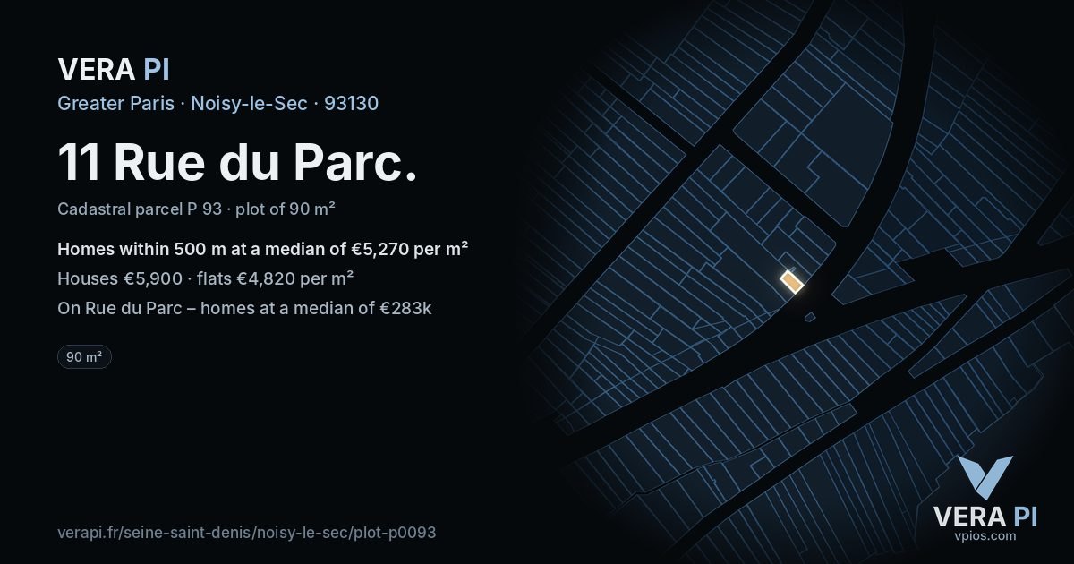 11 Rue du Parc, Noisy-le-Sec at night – the plot lit, the parcels around coloured by the prices near them
