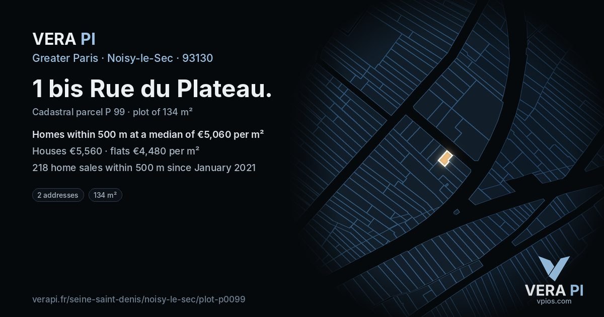 1 bis Rue du Plateau, Noisy-le-Sec at night – the plot lit, the parcels around coloured by the prices near them