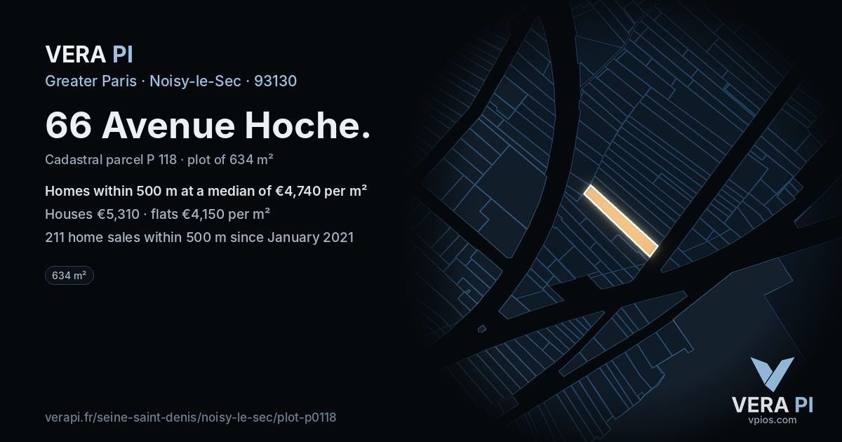 66 Avenue Hoche, Noisy-le-Sec at night – the plot lit, the parcels around coloured by the prices near them