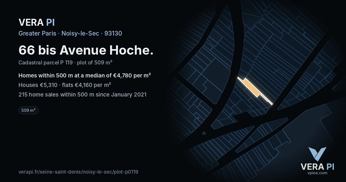 66 bis Avenue Hoche, Noisy-le-Sec at night – the plot lit, the parcels around coloured by the prices near them