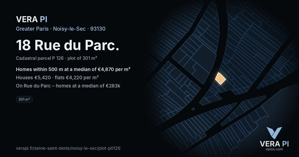 18 Rue du Parc, Noisy-le-Sec at night – the plot lit, the parcels around coloured by the prices near them