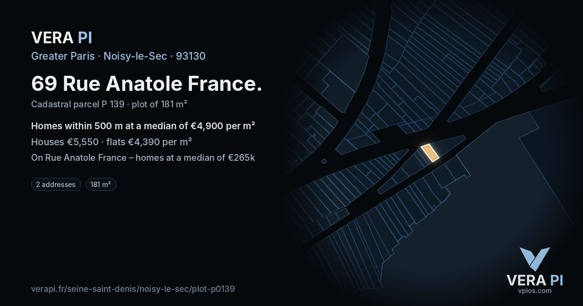 69 Rue Anatole France, Noisy-le-Sec at night – the plot lit, the parcels around coloured by the prices near them