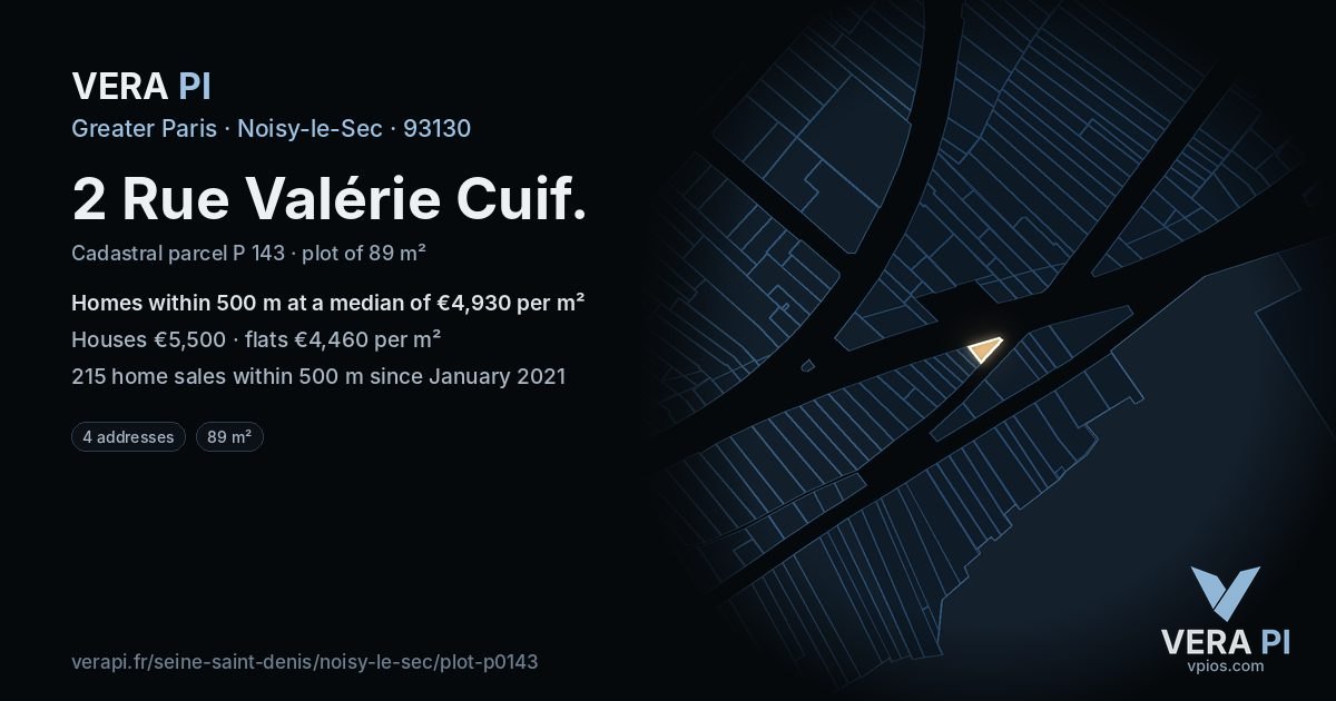2 Rue Valérie Cuif, Noisy-le-Sec at night – the plot lit, the parcels around coloured by the prices near them