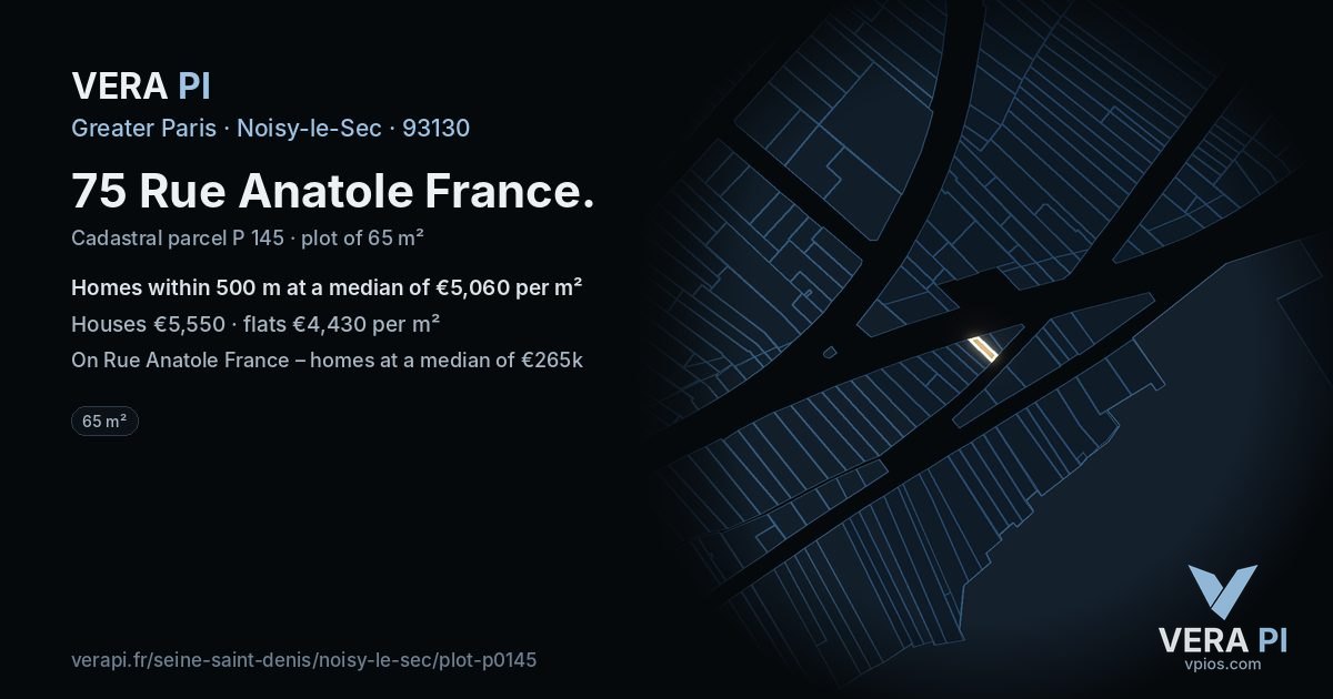 75 Rue Anatole France, Noisy-le-Sec at night – the plot lit, the parcels around coloured by the prices near them