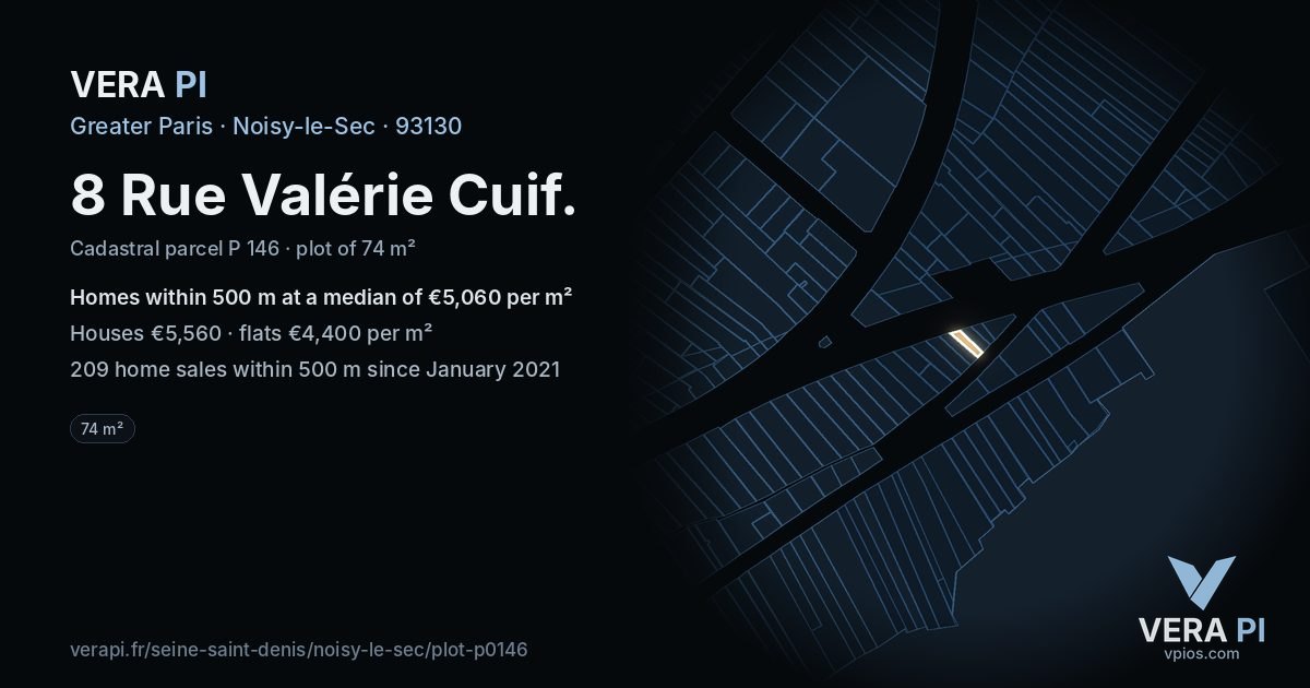 8 Rue Valérie Cuif, Noisy-le-Sec at night – the plot lit, the parcels around coloured by the prices near them