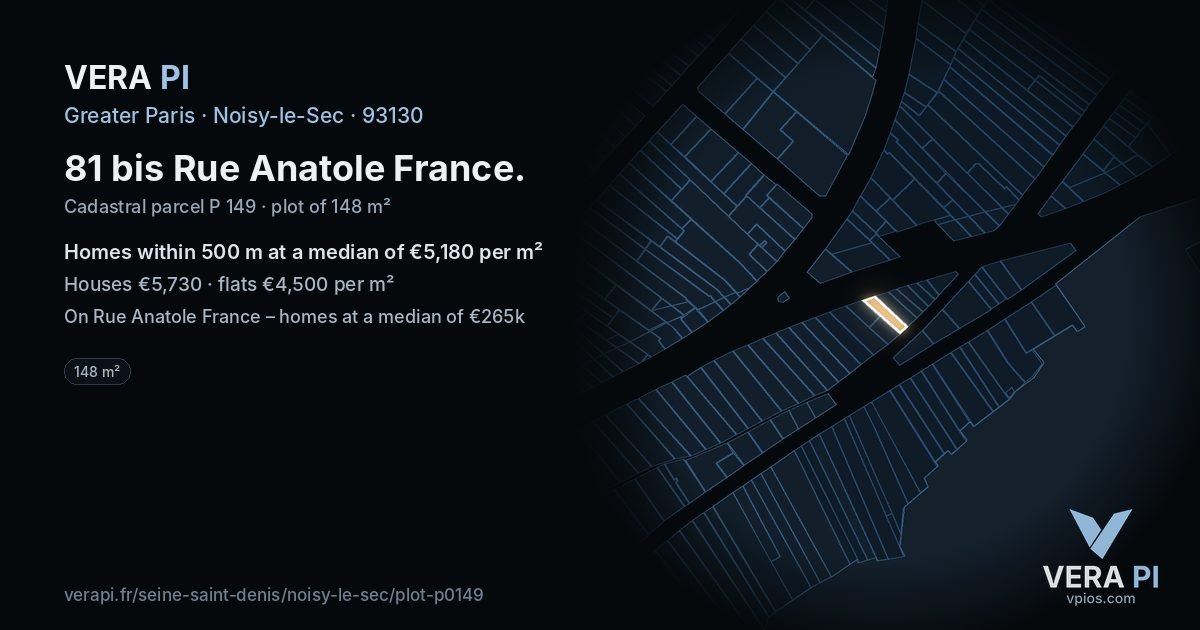 81 bis Rue Anatole France, Noisy-le-Sec at night – the plot lit, the parcels around coloured by the prices near them