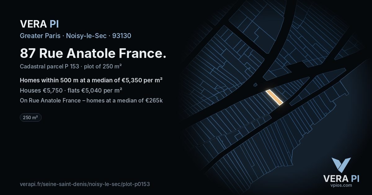 87 Rue Anatole France, Noisy-le-Sec at night – the plot lit, the parcels around coloured by the prices near them