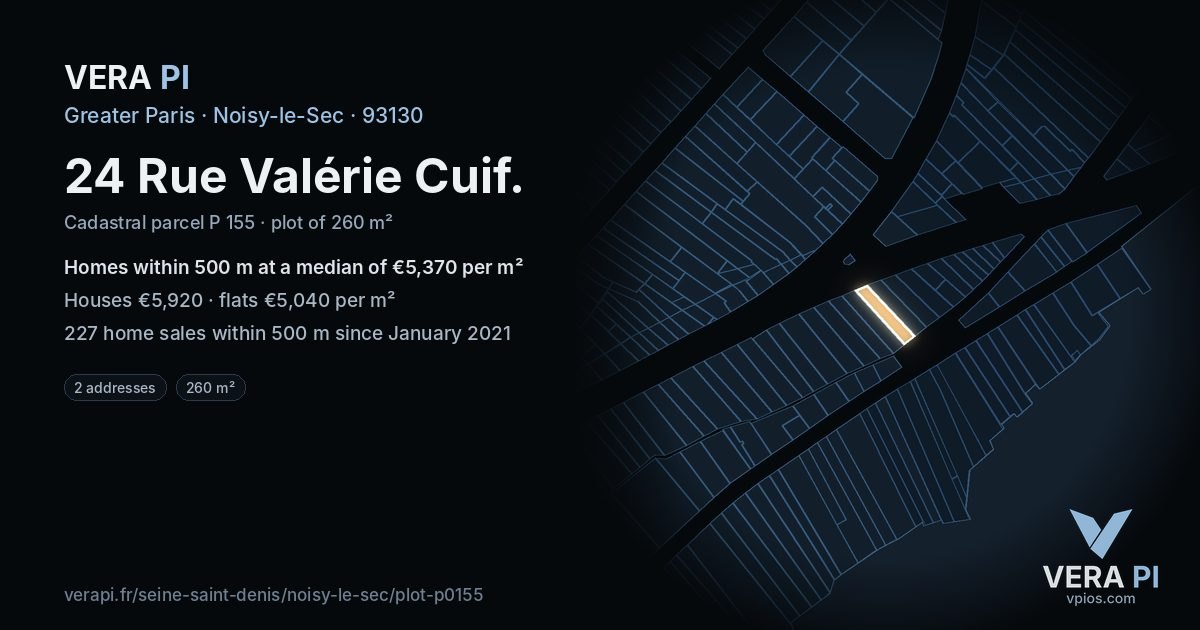 24 Rue Valérie Cuif, Noisy-le-Sec at night – the plot lit, the parcels around coloured by the prices near them