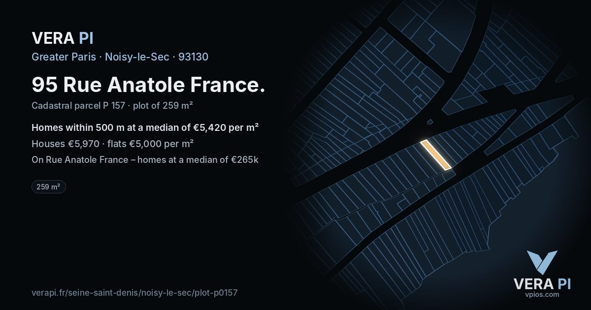 95 Rue Anatole France, Noisy-le-Sec at night – the plot lit, the parcels around coloured by the prices near them