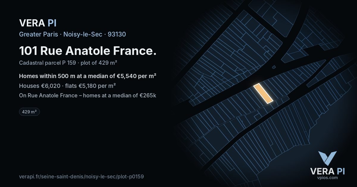 101 Rue Anatole France, Noisy-le-Sec at night – the plot lit, the parcels around coloured by the prices near them