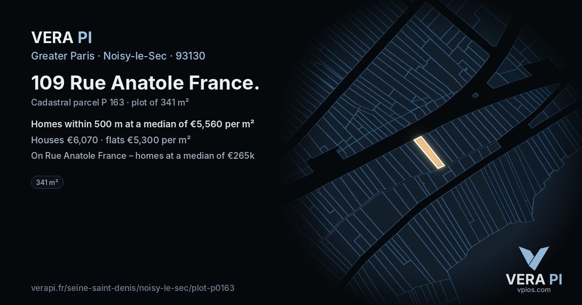 109 Rue Anatole France, Noisy-le-Sec at night – the plot lit, the parcels around coloured by the prices near them