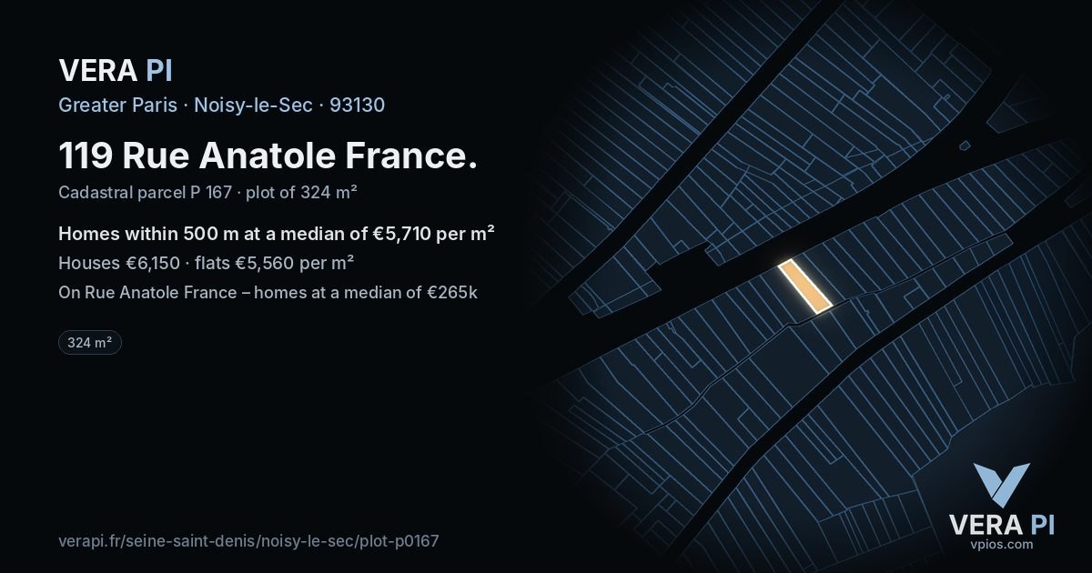119 Rue Anatole France, Noisy-le-Sec at night – the plot lit, the parcels around coloured by the prices near them