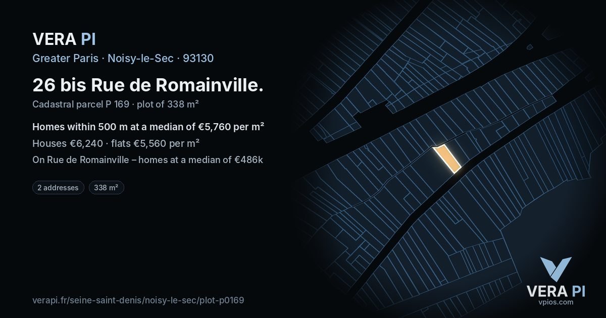 26 bis Rue de Romainville, Noisy-le-Sec at night – the plot lit, the parcels around coloured by the prices near them