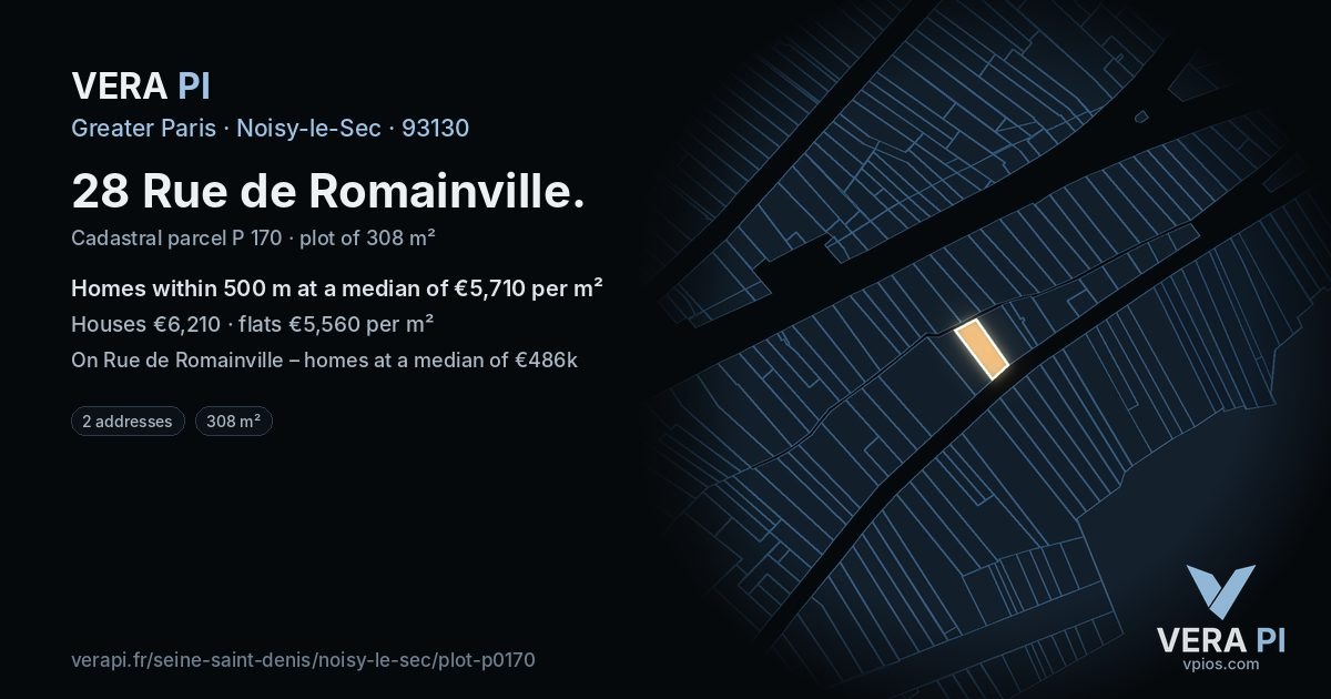 28 Rue de Romainville, Noisy-le-Sec at night – the plot lit, the parcels around coloured by the prices near them