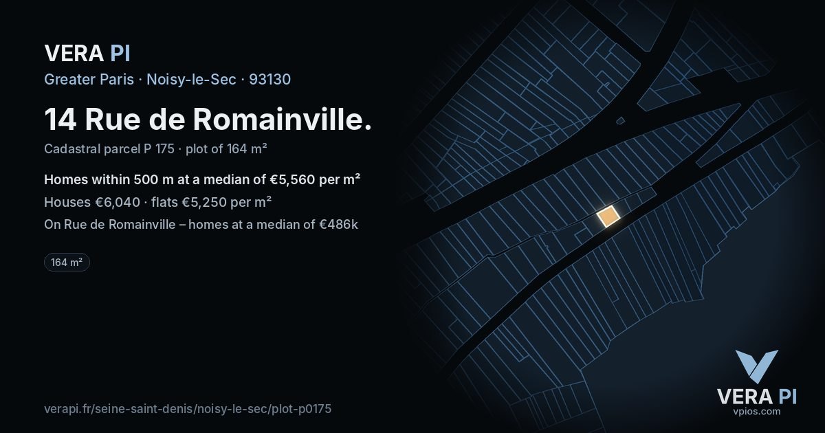 14 Rue de Romainville, Noisy-le-Sec at night – the plot lit, the parcels around coloured by the prices near them