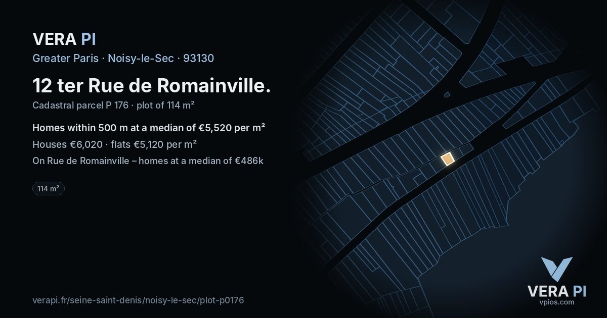 12 ter Rue de Romainville, Noisy-le-Sec at night – the plot lit, the parcels around coloured by the prices near them