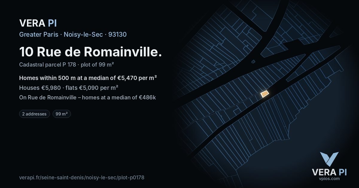 10 Rue de Romainville, Noisy-le-Sec at night – the plot lit, the parcels around coloured by the prices near them