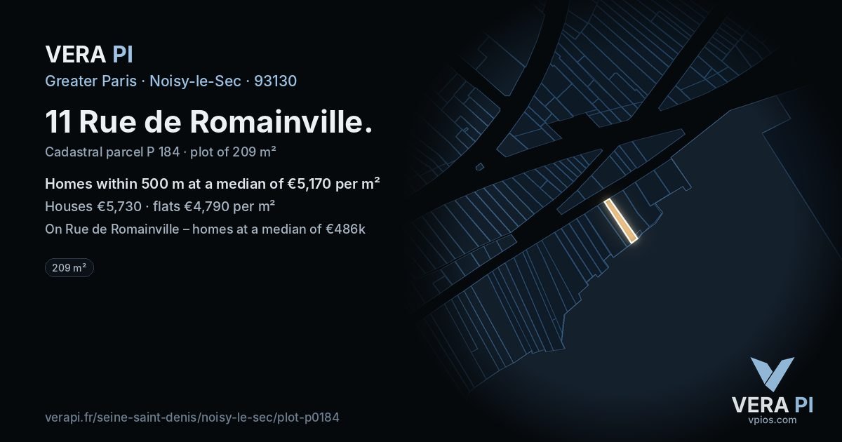 11 Rue de Romainville, Noisy-le-Sec at night – the plot lit, the parcels around coloured by the prices near them