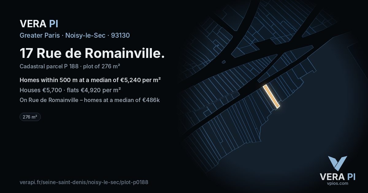 17 Rue de Romainville, Noisy-le-Sec at night – the plot lit, the parcels around coloured by the prices near them