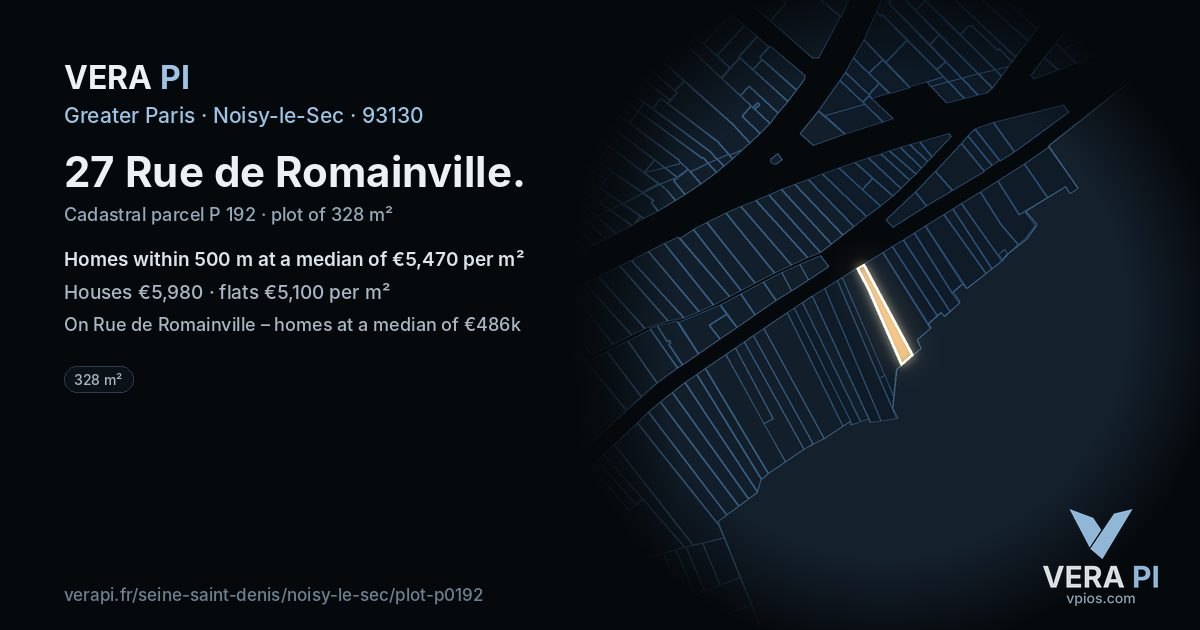 27 Rue de Romainville, Noisy-le-Sec at night – the plot lit, the parcels around coloured by the prices near them