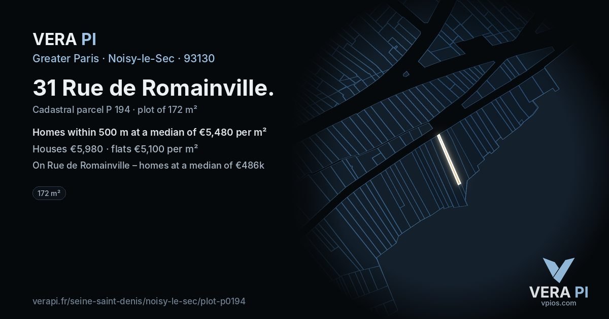 31 Rue de Romainville, Noisy-le-Sec at night – the plot lit, the parcels around coloured by the prices near them