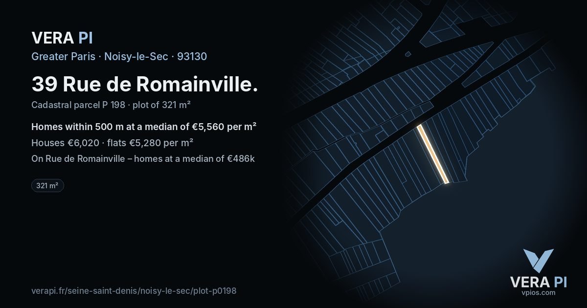 39 Rue de Romainville, Noisy-le-Sec at night – the plot lit, the parcels around coloured by the prices near them