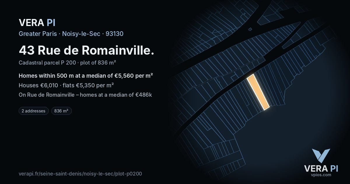 43 Rue de Romainville, Noisy-le-Sec at night – the plot lit, the parcels around coloured by the prices near them