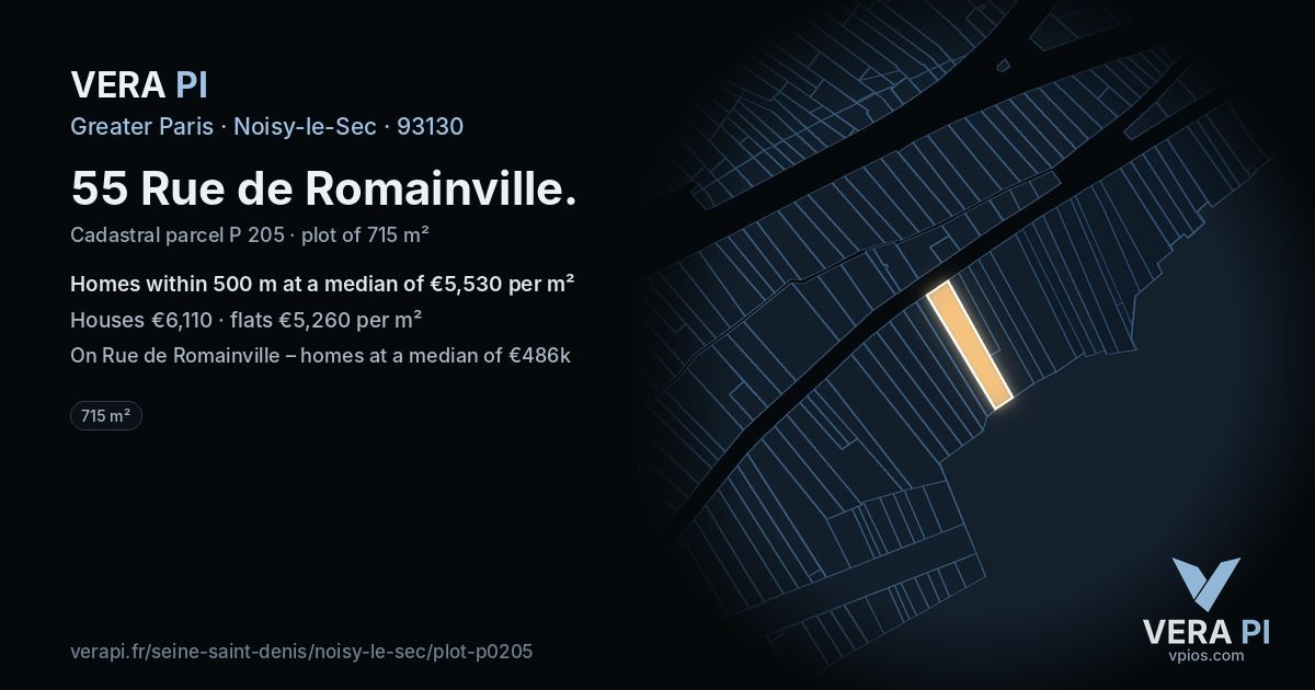 55 Rue de Romainville, Noisy-le-Sec at night – the plot lit, the parcels around coloured by the prices near them