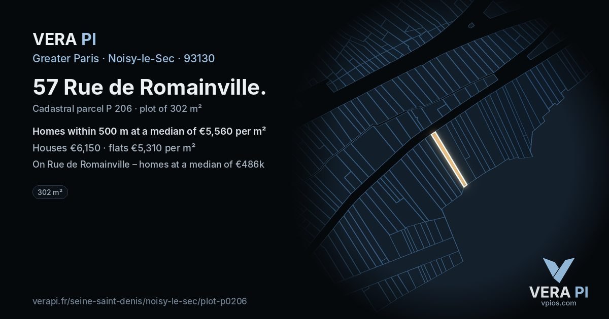 57 Rue de Romainville, Noisy-le-Sec at night – the plot lit, the parcels around coloured by the prices near them