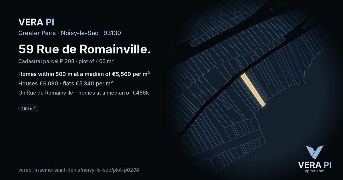 59 Rue de Romainville, Noisy-le-Sec at night – the plot lit, the parcels around coloured by the prices near them