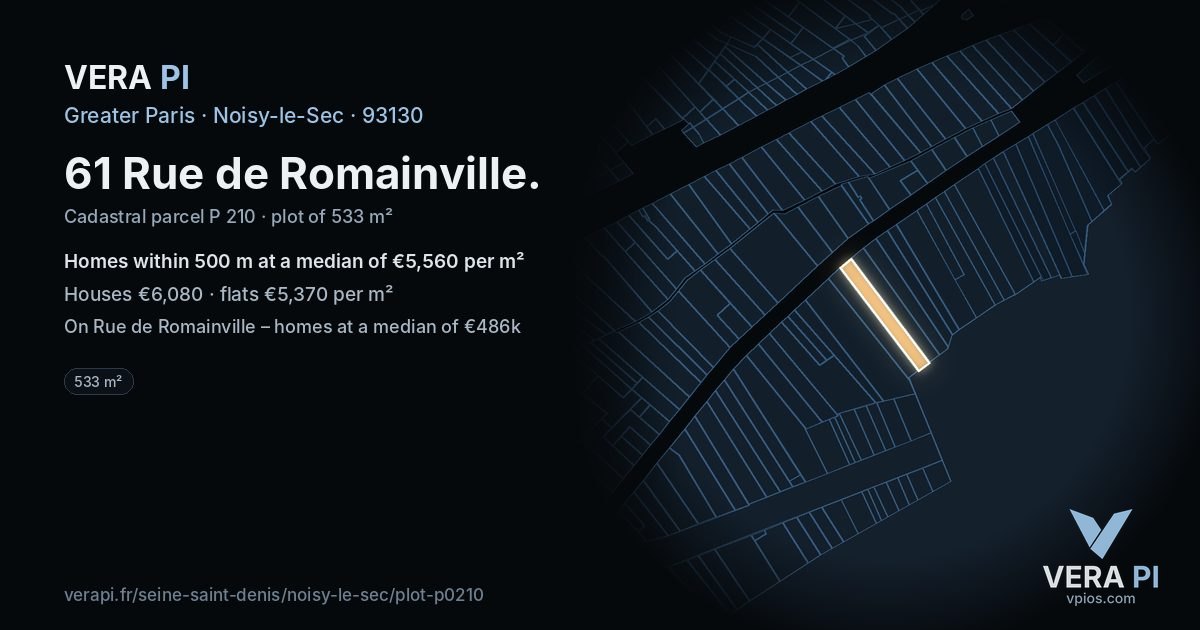 61 Rue de Romainville, Noisy-le-Sec at night – the plot lit, the parcels around coloured by the prices near them