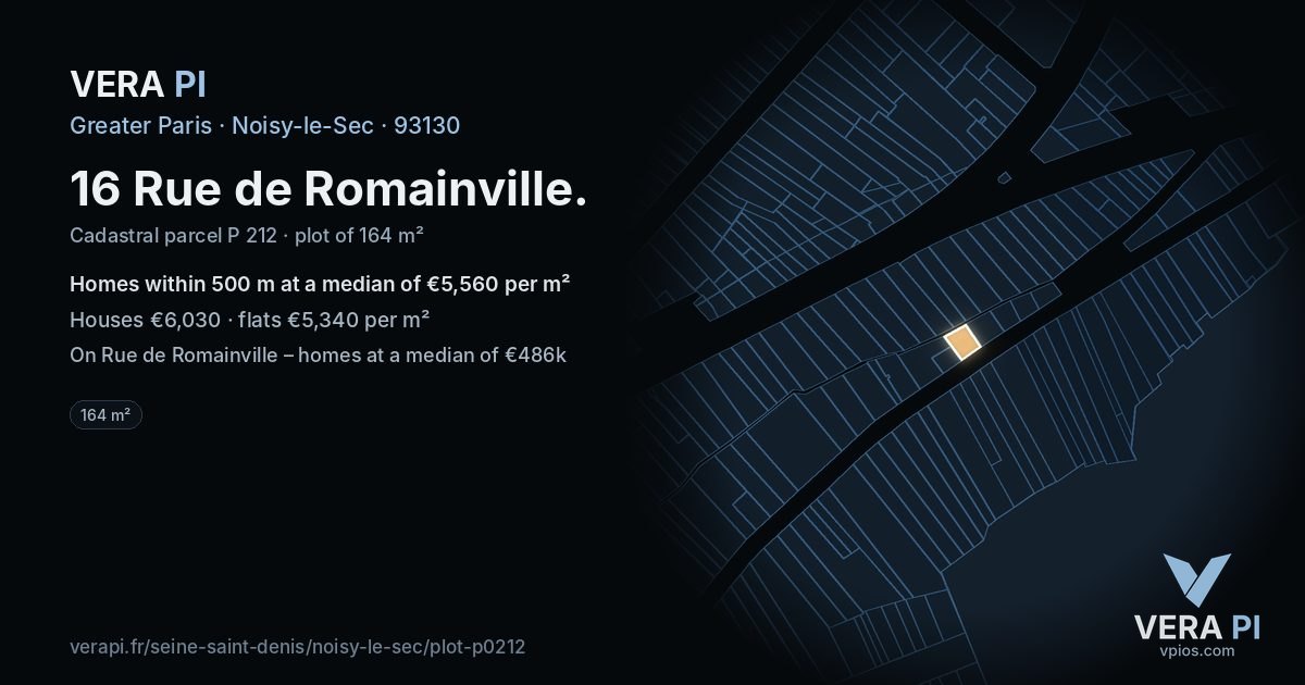 16 Rue de Romainville, Noisy-le-Sec at night – the plot lit, the parcels around coloured by the prices near them