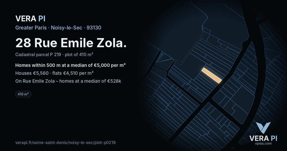 28 Rue Emile Zola, Noisy-le-Sec at night – the plot lit, the parcels around coloured by the prices near them