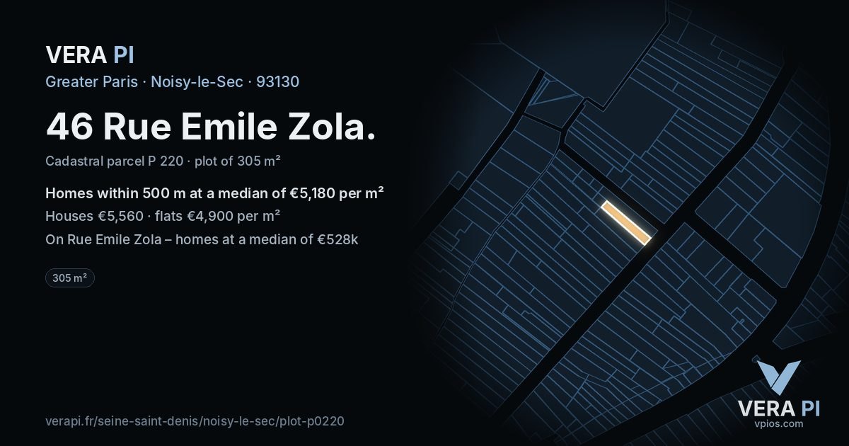46 Rue Emile Zola, Noisy-le-Sec at night – the plot lit, the parcels around coloured by the prices near them