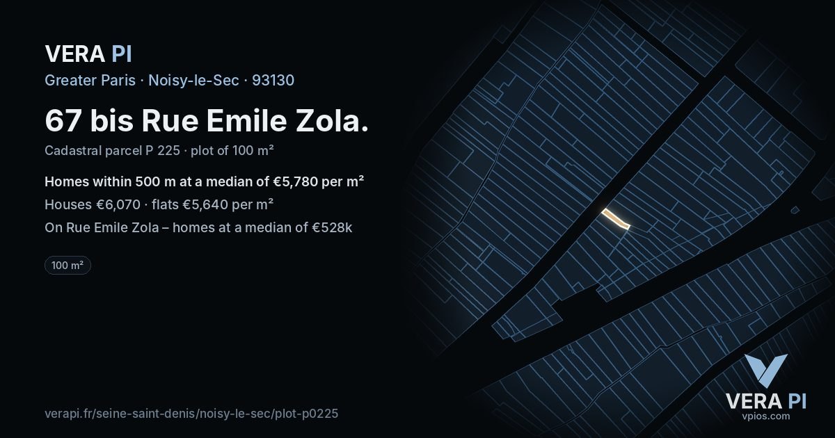 67 bis Rue Emile Zola, Noisy-le-Sec at night – the plot lit, the parcels around coloured by the prices near them